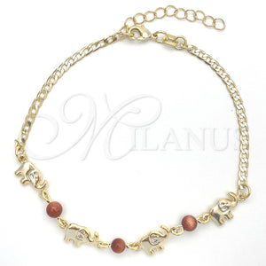 Tobillera Básica 03.02.0094.10 Oro Laminado, Diseño de Elefante y Cubana, con Onix Negro Goldstone Venturina, Pulido, Tono Dorado (01 MM Thickness, 10 Inches Length)