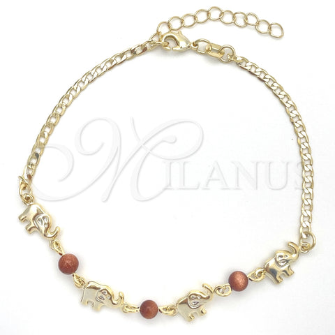 Tobillera Básica 03.02.0094.10 Oro Laminado, Diseño de Elefante y Cubana, con Onix Negro Goldstone Venturina, Pulido, Tono Dorado (01 MM Thickness, 10 Inches Length)