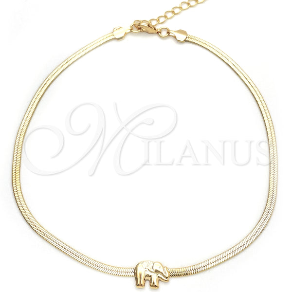 Tobillera Básica 03.02.0096.10 Oro Laminado, Diseño de Elefante y Herringbone, Pulido, Tono Dorado (02 MM Thickness, 10 Inches Length)