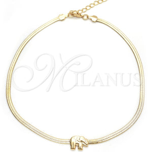 Tobillera Básica 03.02.0096.10 Oro Laminado, Diseño de Elefante y Herringbone, Pulido, Tono Dorado (02 MM Thickness, 10 Inches Length)
