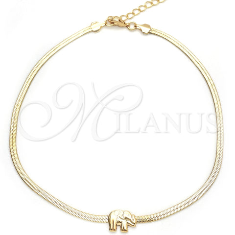 Tobillera Básica 03.02.0096.10 Oro Laminado, Diseño de Elefante y Herringbone, Pulido, Tono Dorado (02 MM Thickness, 10 Inches Length)