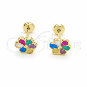 Arete Dormilona 02.02.0511 Oro Laminado, Diseño de Flor, Esmaltado Multicolor, Tono Dorado