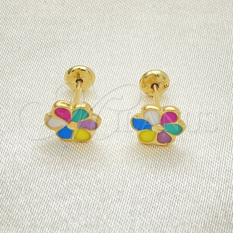 Arete Dormilona 02.02.0511 Oro Laminado, Diseño de Flor, Esmaltado Multicolor, Tono Dorado