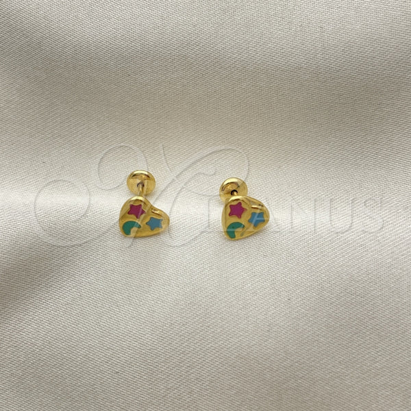 Arete Dormilona 02.02.0512 Oro Laminado, Diseño de Corazón, Esmaltado Multicolor, Tono Dorado