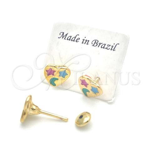 Arete Dormilona 02.02.0512 Oro Laminado, Diseño de Corazón, Esmaltado Multicolor, Tono Dorado