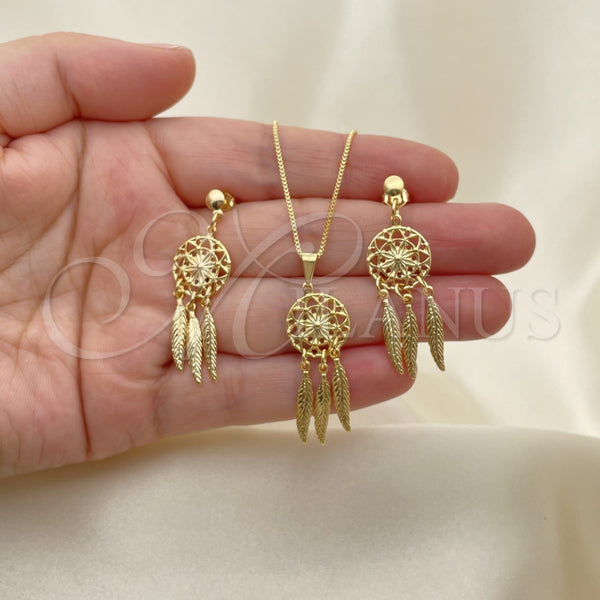 Juego de Arete y Dije de Adulto 10.02.0008 Oro Laminado, Diseño de Flor, Pulido, Tono Dorado