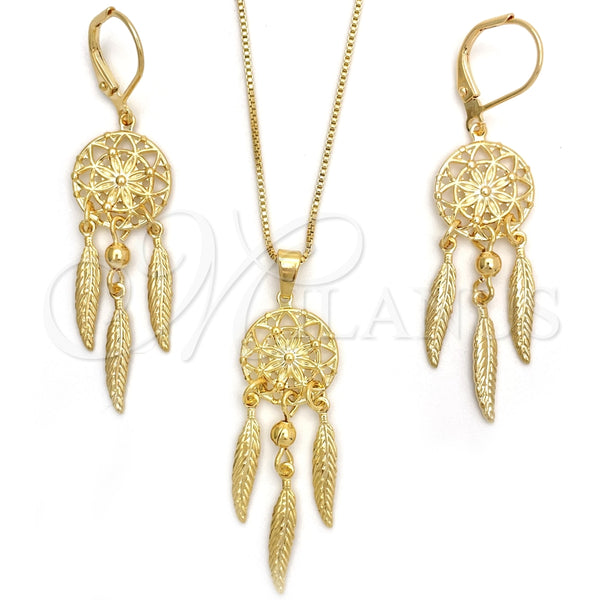 Juego de Arete y Dije de Adulto 10.02.0009 Oro Laminado, Diseño de Flor, Pulido, Tono Dorado