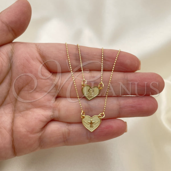 Collares con Dije 04.02.0015 Oro Laminado, Diseño de Corazón y Espíritu Santo, Pulido, Tono Dorado (01 MM Thickness, 16 Inches Length)