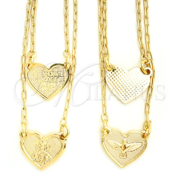 Collares con Dije 04.02.0015 Oro Laminado, Diseño de Corazón y Espíritu Santo, Pulido, Tono Dorado (01 MM Thickness, 16 Inches Length)