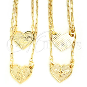 Collares con Dije 04.02.0015 Oro Laminado, Diseño de Corazón y Espíritu Santo, Pulido, Tono Dorado (01 MM Thickness, 16 Inches Length)