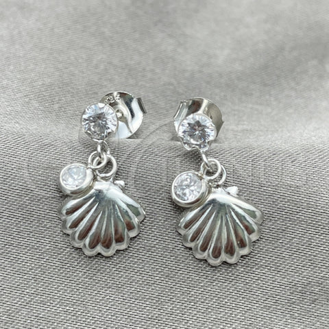 Arete Colgante 02.401.0075 Plata Rodinada, Diseño de Concha, con Zirconia Cubica Blanca, Pulido, Tono Plateado