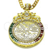 Dije Religioso 05.26.0043.1 Oro Laminado, Diseño de Moneda Centenario y Llave Griega, con Blanca and Granate Zirconia Cubica, Pulido, Tono Dorado