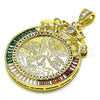 Dije Religioso 05.26.0043.1 Oro Laminado, Diseño de Moneda Centenario y Llave Griega, con Zirconia Cubica Blanca y Granate, Pulido, Tono Dorado
