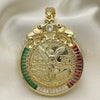Dije Religioso 05.26.0043.1 Oro Laminado, Diseño de Moneda Centenario y Llave Griega, con Zirconia Cubica Blanca y Granate, Pulido, Tono Dorado