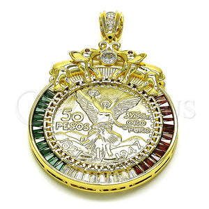 Dije Religioso 05.26.0043.1 Oro Laminado, Diseño de Moneda Centenario y Llave Griega, con Blanca and Granate Zirconia Cubica, Pulido, Tono Dorado