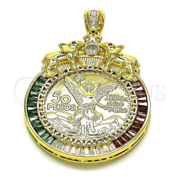 Dije Religioso 05.26.0043.1 Oro Laminado, Diseño de Moneda Centenario y Llave Griega, con Blanca and Granate Zirconia Cubica, Pulido, Tono Dorado