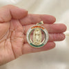 Dije Religioso 05.253.0177 Oro Laminado, Diseño de Guadalupe y Baguette, con Granate and Blanca Zirconia Cubica, Pulido, Tono Dorado