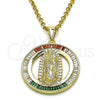Dije Religioso 05.253.0177 Oro Laminado, Diseño de Guadalupe y Baguette, con Granate and Blanca Zirconia Cubica, Pulido, Tono Dorado