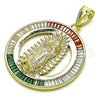 Dije Religioso 05.253.0177 Oro Laminado, Diseño de Guadalupe y Baguette, con Granate and Blanca Zirconia Cubica, Pulido, Tono Dorado