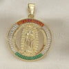 Dije Religioso 05.253.0177 Oro Laminado, Diseño de Guadalupe y Baguette, con Granate and Blanca Zirconia Cubica, Pulido, Tono Dorado