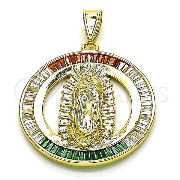 Dije Religioso 05.253.0177 Oro Laminado, Diseño de Guadalupe y Baguette, con Granate and Blanca Zirconia Cubica, Pulido, Tono Dorado