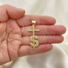 Dije Religioso 05.342.0152 Oro Laminado, Diseño de Cruz y Dinero, con Blanca Micro Pave, Pulido, Tono Dorado