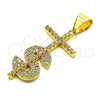 Dije Religioso 05.342.0152 Oro Laminado, Diseño de Cruz y Dinero, con Blanca Micro Pave, Pulido, Tono Dorado