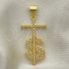 Dije Religioso 05.342.0152 Oro Laminado, Diseño de Cruz y Dinero, con Blanca Micro Pave, Pulido, Tono Dorado