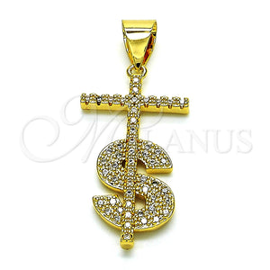Dije Religioso 05.342.0152 Oro Laminado, Diseño de Cruz y Dinero, con Blanca Micro Pave, Pulido, Tono Dorado