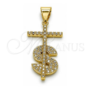 Dije Religioso 05.342.0152 Oro Laminado, Diseño de Cruz y Dinero, con Blanca Micro Pave, Pulido, Tono Dorado