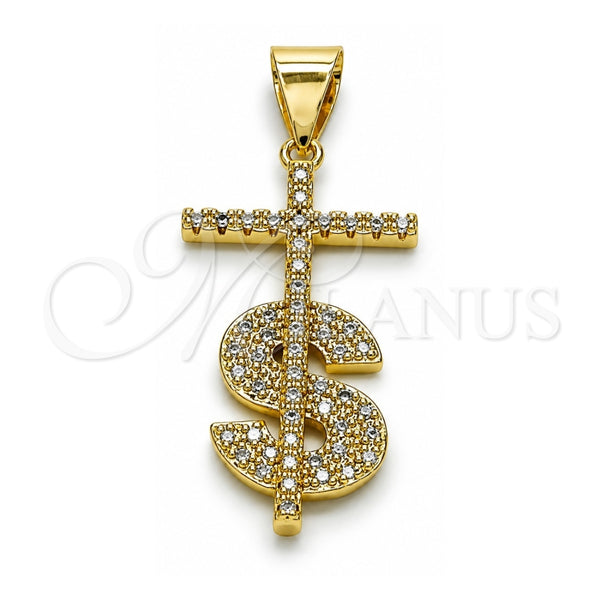 Dije Religioso 05.342.0152 Oro Laminado, Diseño de Cruz y Dinero, con Blanca Micro Pave, Pulido, Tono Dorado