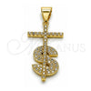 Dije Religioso 05.342.0152 Oro Laminado, Diseño de Cruz y Dinero, con Blanca Micro Pave, Pulido, Tono Dorado