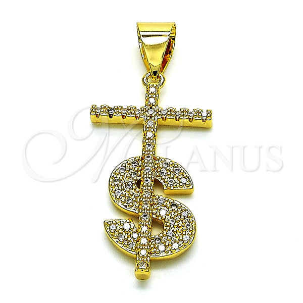 Dije Religioso 05.342.0152 Oro Laminado, Diseño de Cruz y Dinero, con Blanca Micro Pave, Pulido, Tono Dorado