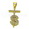 Dije Religioso 05.342.0152 Oro Laminado, Diseño de Cruz y Dinero, con Blanca Micro Pave, Pulido, Tono Dorado