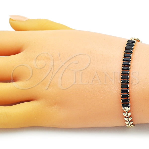 Pulsera Elegante 03.283.0277.07 Oro Laminado, Diseño de Baguette y Oja, con Negro Zirconia Cubica, Pulido, Tono Dorado (05 MM Thickness, 7 Inches Length)