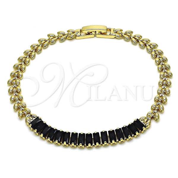Pulsera Elegante 03.283.0277.07 Oro Laminado, Diseño de Baguette y Oja, con Negro Zirconia Cubica, Pulido, Tono Dorado (05 MM Thickness, 7 Inches Length)