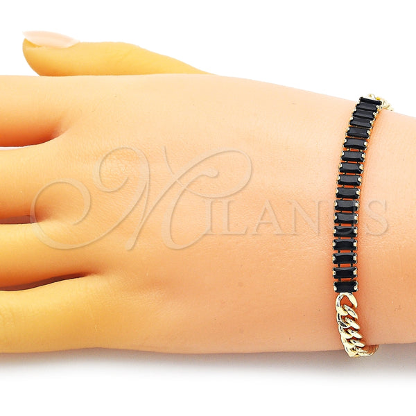 Pulsera Elegante 03.283.0093.1.07 Oro Laminado, Diseño de Baguette y Miami Cubana, con Negro Zirconia Cubica, Pulido, Tono Dorado (05 MM Thickness, 7 Inches Length)