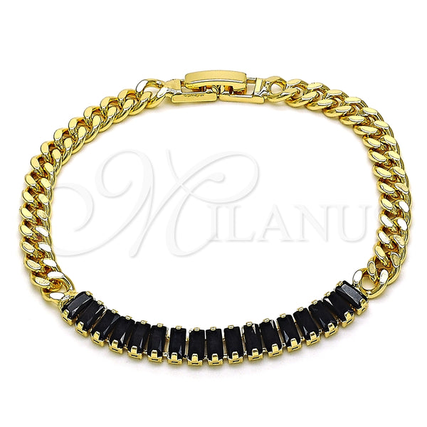 Pulsera Elegante 03.283.0093.1.07 Oro Laminado, Diseño de Baguette y Miami Cubana, con Negro Zirconia Cubica, Pulido, Tono Dorado (05 MM Thickness, 7 Inches Length)