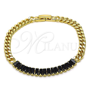 Pulsera Elegante 03.283.0093.1.07 Oro Laminado, Diseño de Baguette y Miami Cubana, con Negro Zirconia Cubica, Pulido, Tono Dorado (05 MM Thickness, 7 Inches Length)