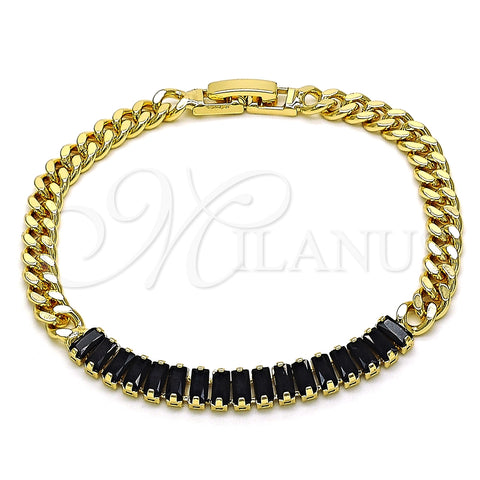 Pulsera Elegante 03.283.0093.1.07 Oro Laminado, Diseño de Baguette y Miami Cubana, con Negro Zirconia Cubica, Pulido, Tono Dorado (05 MM Thickness, 7 Inches Length)