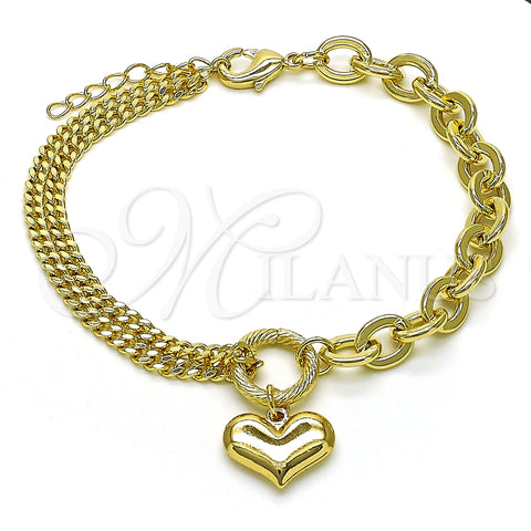 Pulsera Elegante 03.213.0209.07 Oro Laminado, Diseño de Corazón y Rolo, Pulido, Tono Dorado (07 MM Thickness, 7 Inches Length)