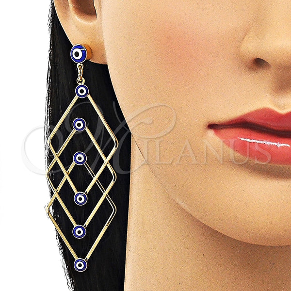 Arete Largo 02.213.0454 Oro Laminado, Diseño de Ojo Griego, Esmaltado Azul, Tono Dorado