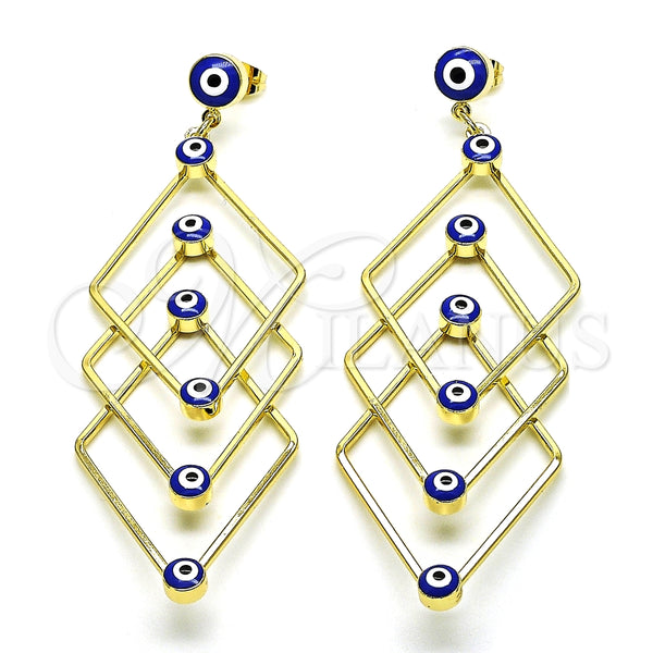 Arete Largo 02.213.0454 Oro Laminado, Diseño de Ojo Griego, Esmaltado Azul, Tono Dorado
