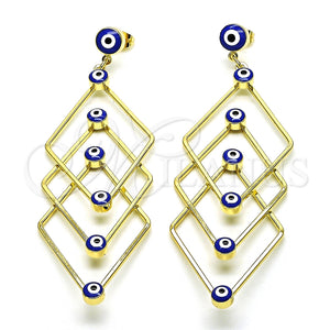 Arete Largo 02.213.0454 Oro Laminado, Diseño de Ojo Griego, Esmaltado Azul, Tono Dorado