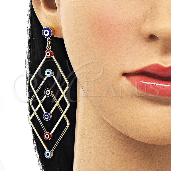Arete Largo 02.213.0454.1 Oro Laminado, Diseño de Ojo Griego, Esmaltado Multicolor, Tono Dorado