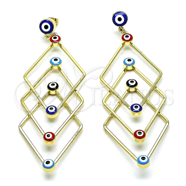 Arete Largo 02.213.0454.1 Oro Laminado, Diseño de Ojo Griego, Esmaltado Multicolor, Tono Dorado