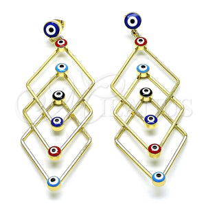 Arete Largo 02.213.0454.1 Oro Laminado, Diseño de Ojo Griego, Esmaltado Multicolor, Tono Dorado