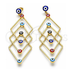 Arete Largo 02.213.0454.1 Oro Laminado, Diseño de Ojo Griego, Esmaltado Multicolor, Tono Dorado