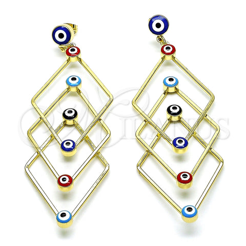 Arete Largo 02.213.0454.1 Oro Laminado, Diseño de Ojo Griego, Esmaltado Multicolor, Tono Dorado