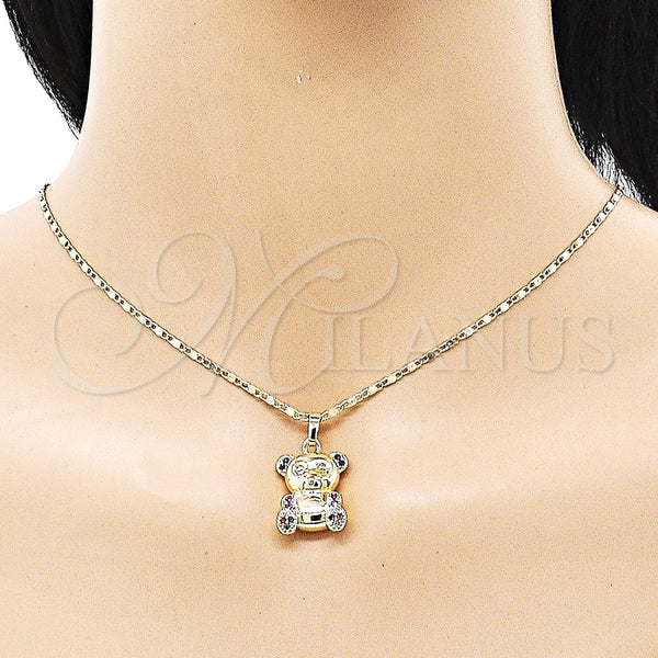 Juego de Arete y Dije de Adulto 10.196.0053 Oro Laminado, Diseño de Osito, con Multicolor Micro Pave, Pulido, Tono Dorado